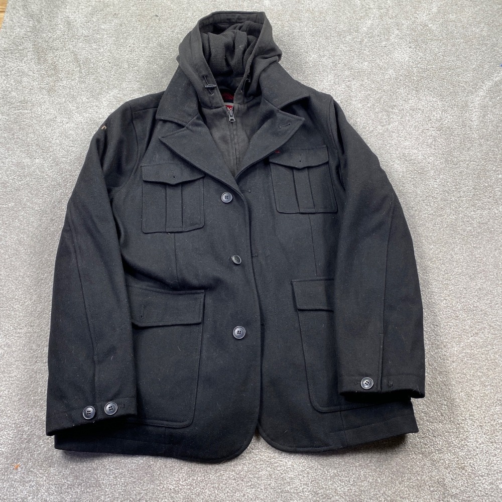 Levis Field Jacket Mens Large Black Wool Blend Hooded Bib Quilted Lining Utility